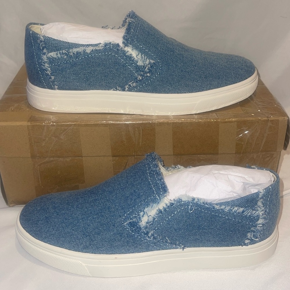 Lucky Brand Lk-Loxiy Acid Denim Slip-On Sneaker Shoes Women Frayed Size 7